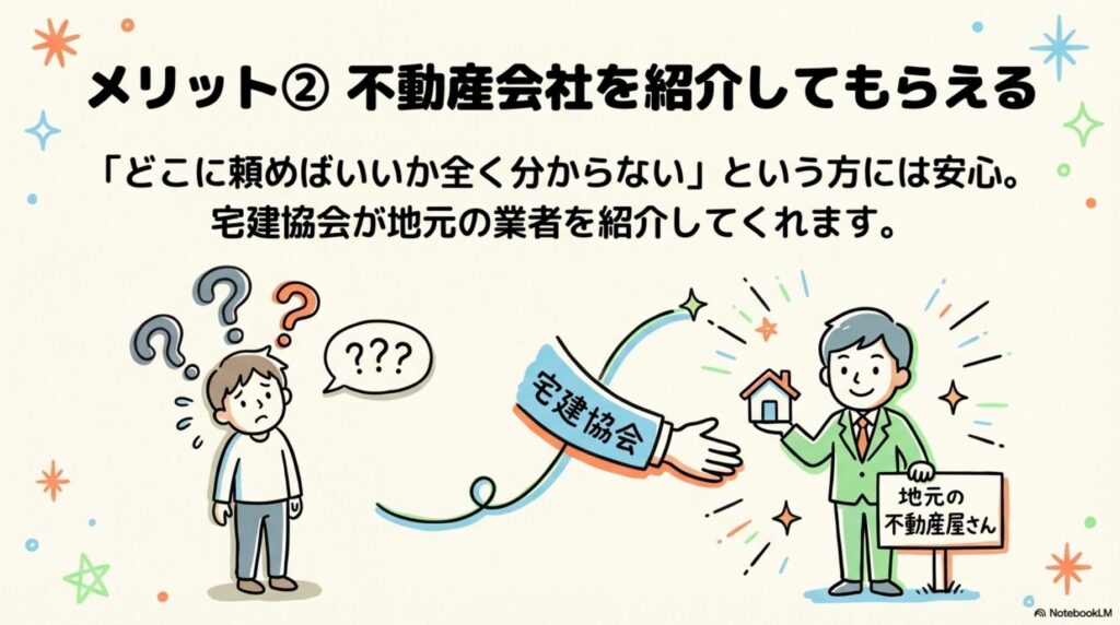 空き家バンクのメリット②として、「どこに頼めばいいか全く分からない」という方に安心感を提供できることを説明。宅建協会が地元の不動産業者を紹介してくれる様子が、困っている人から地元の不動産屋さんへの矢印で表現されている