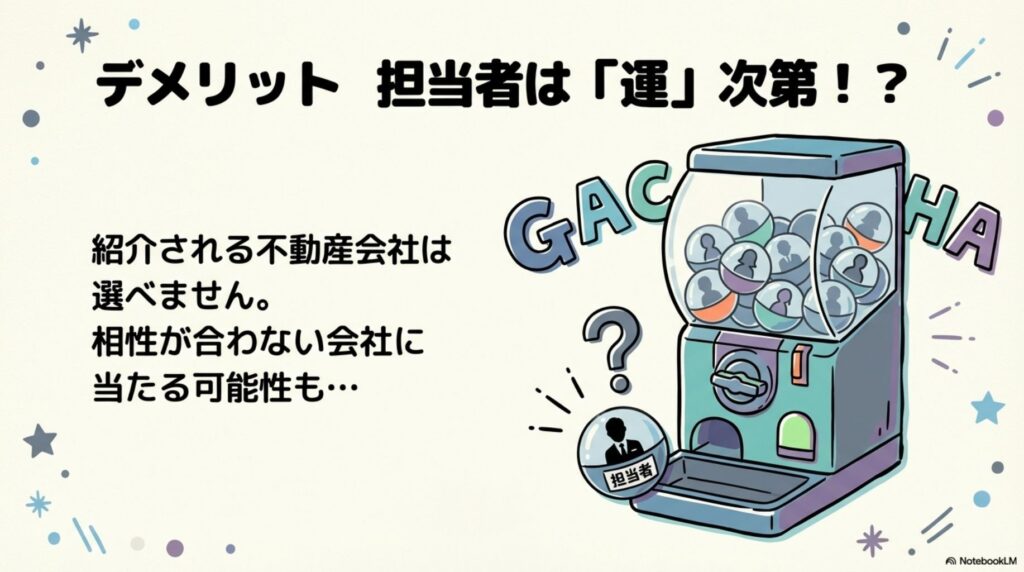 空き家バンクのデメリットとして、紹介される不動産会社は選べず、相性が合わない会社に当たる可能性があることを示す画像。ガチャガチャのマシンに複数の担当者が入っており、「運」次第であることが視覚的に表現されている