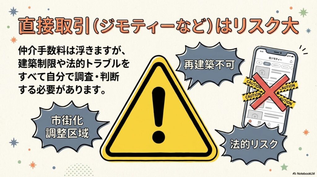 直接取引(ジモティーなど)はリスクが大きいことを警告する画像。仲介手数料は浮くが、建築制限や法的トラブルをすべて自分で調査・判断する必要があることが、市街化調整区域、再建築不可、法的リスクなどの警告マークとともに示されている