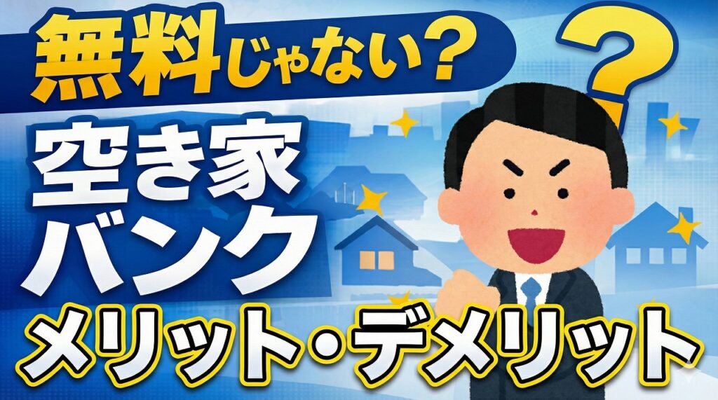 「無料じゃない?空き家バンク メリット・デメリット」というタイトルのYouTubeサムネイル画像。青い背景に空き家のシルエットが描かれ、スーツ姿の解説者が稲沢市の空き家バンクが本当に無料なのかという疑問について説明する様子