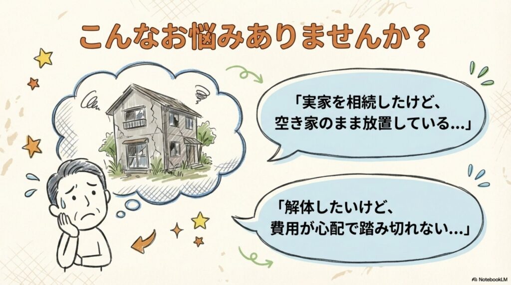 空き家を相続したが放置している、解体したいが費用が心配という悩みを抱える男性のイラスト