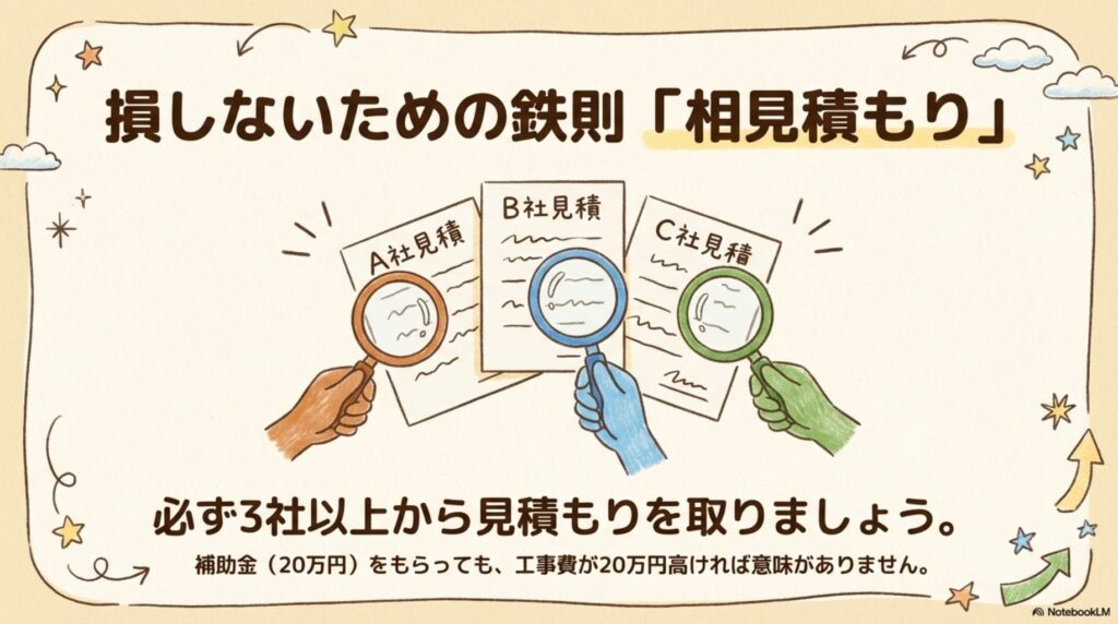 損をしないための鉄則「相見積もり」の重要性を説明する図。A社、B社、C社の3社の見積書を虫眼鏡で検討するイラスト。必ず3社以上から見積もりを取り、金額だけでなく信頼性もチェックすることを推奨。補助金20万円をもらっても工事費が20万円高ければ意味がないと注記。