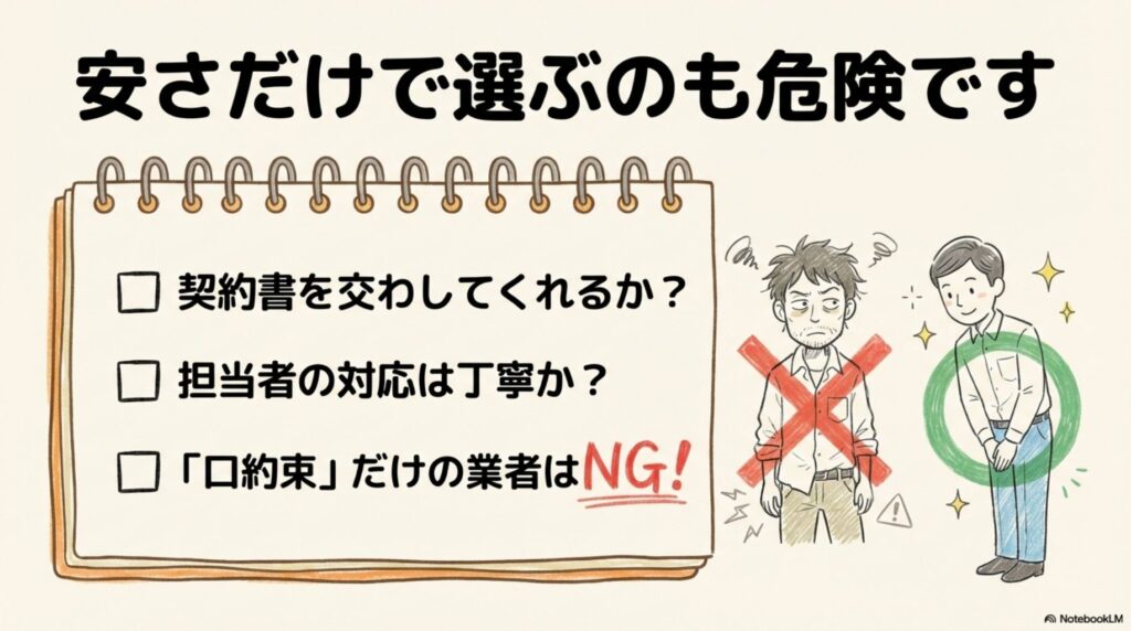 安さだけで業者を選ぶことの危険性を説明するチェックリスト。契約書を交わしてくれるか、担当者の対応は丁寧か、口約束だけの業者はNGという3つの確認ポイントを、良い業者と悪い業者の対比イラストと共に示している。