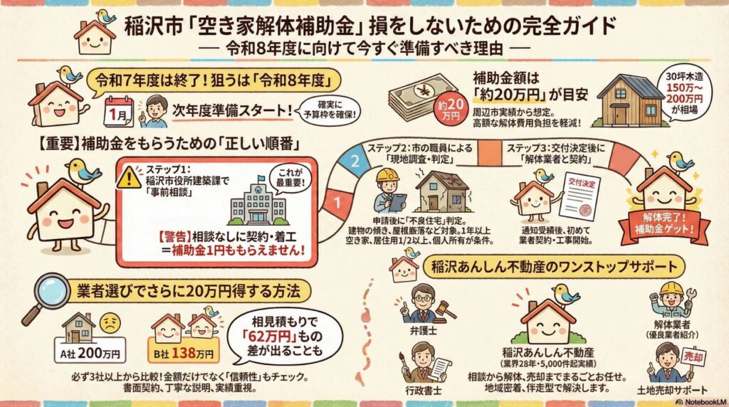 稲沢市「空き家解体補助金」損をしないための完全ガイド。令和8年度に向けて今すぐ準備すべき理由を総合的にまとめた図解。補助金の概要、正しい流れ、業者選びのコツ、稲沢あんしん不動産のワンストップサポートなどを1枚にまとめている。