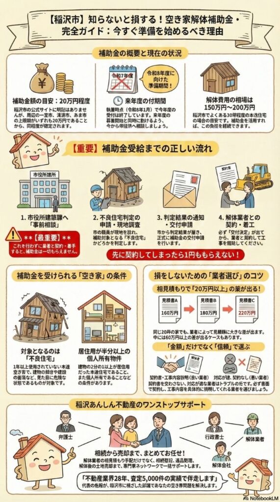 稲沢市空き家解体補助金の詳細な完全ガイド。補助金の概要と現在の状況、補助金受給までの正しい流れ、補助金を受けられる空き家の条件、損をしないための業者選びのコツ、稲沢あんしん不動産のワンストップサポートの5つのセクションに分けて詳しく解説した図。