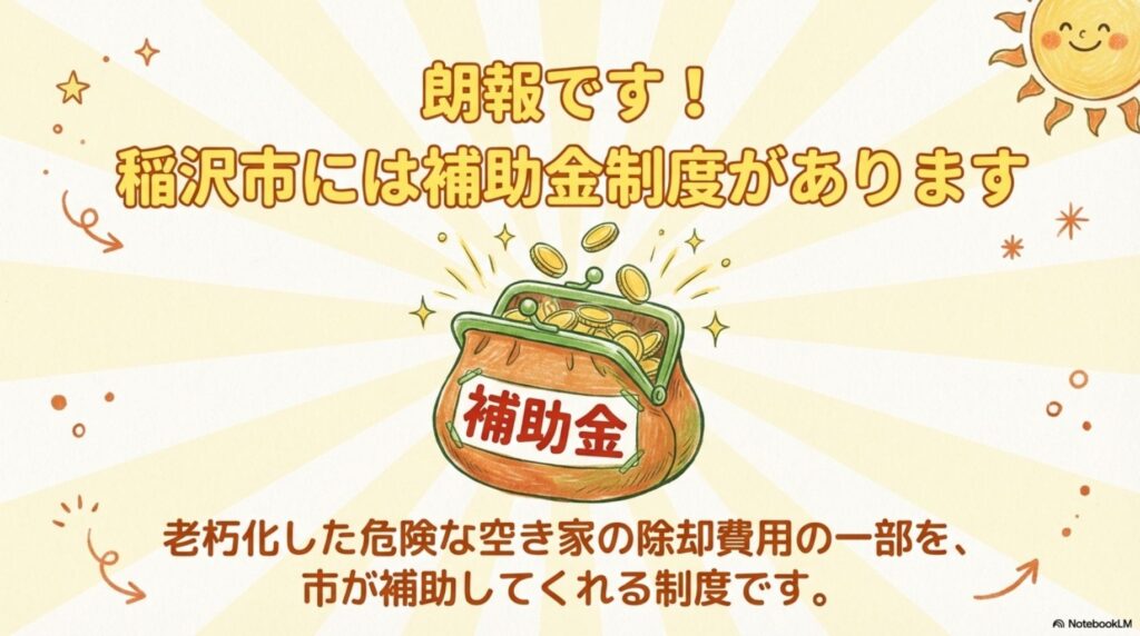 稲沢市には老朽化した危険な空き家の除却費用の一部を市が補助してくれる補助金制度があることを説明する図。補助金の袋のイラストが中央に描かれている。