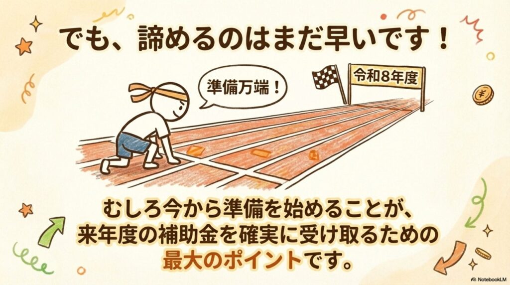 令和8年度のゴールに向かって準備万端でスタートする人物のイラスト。今から準備を始めることが来年度の補助金を確実に受け取るための最大のポイントであることを説明。