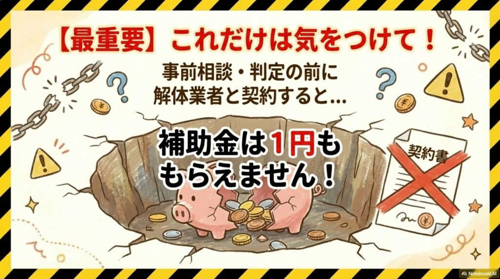 最重要の注意事項。事前相談・判定の前に解体業者と契約すると補助金は1円ももらえないことを、落とし穴に落ちた貯金箱のイラストと共に強調して警告している図。