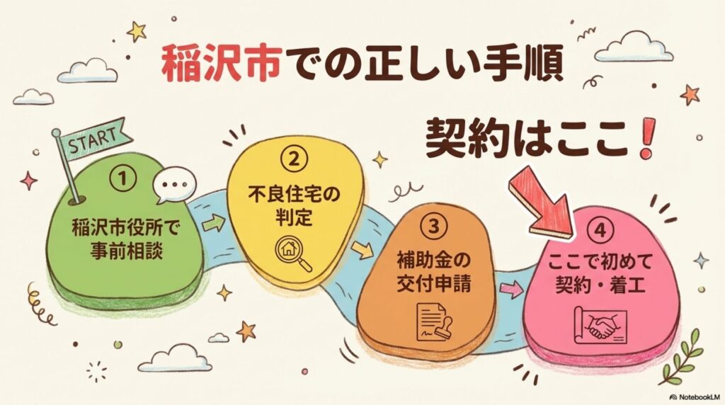稲沢市での正しい手順を示すフロー図。(1)稲沢市役所で事前相談、(2)不良住宅の判定、(3)補助金の交付申請、(4)ここで初めて契約・着工という順序を、色分けされたステップで明確に示している。