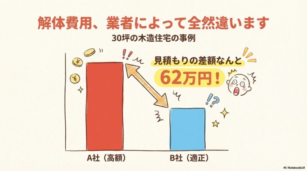 30坪の木造住宅の解体費用の見積もり比較。A社は高額な200万円、B社は適正な138万円で、その差額は62万円にもなることを示すグラフ。業者によって費用が全然違うことを視覚的に説明。