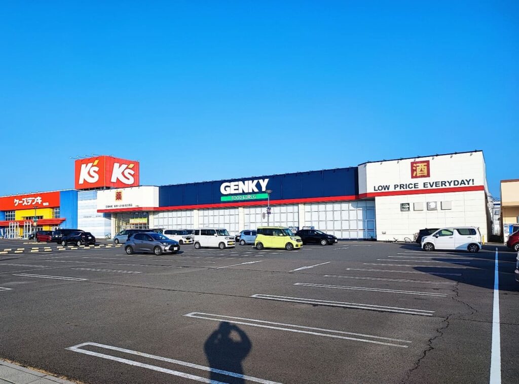 ニッケタウン稲沢のゲンキー(GENKY)を中心とした施設全景。青い建物のゲンキーFOOD&DRUGは食品と医薬品を扱うドラッグストア・ディスカウントストア。左にはケーズデンキ、右には平和堂が並び、広大な駐車場には多数の車両が停車。稲沢市民の日常の買い物に便利な複合商業施設