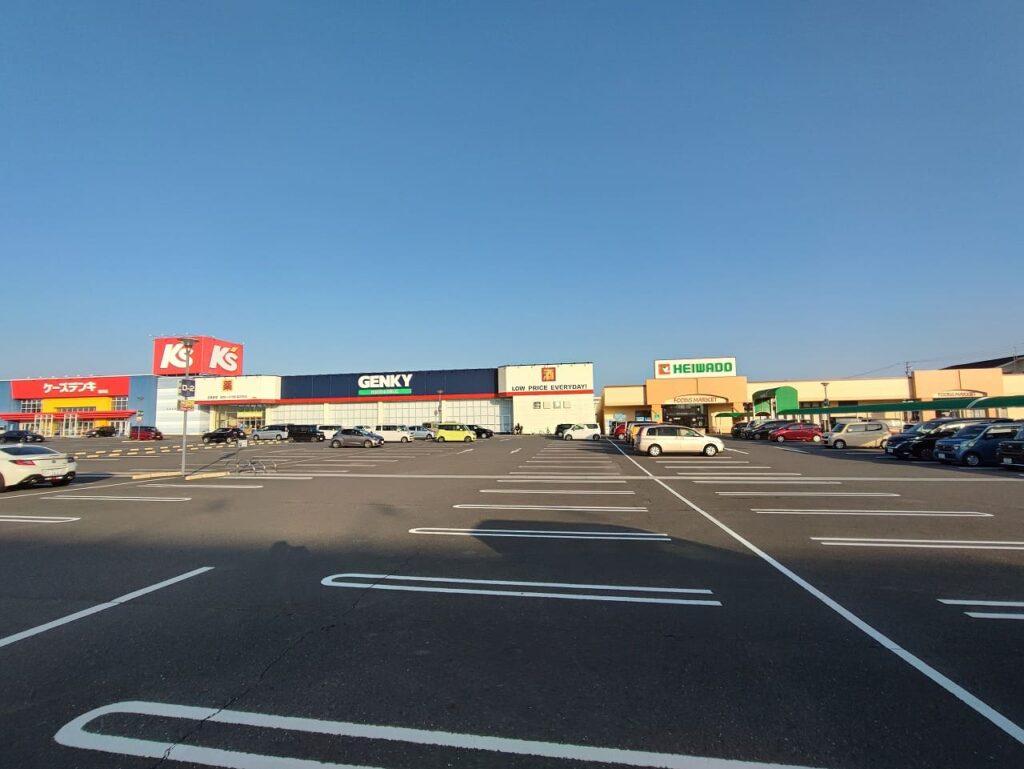 ニッケタウン稲沢の駐車場から撮影した施設全景。ケーズデンキ、ゲンキー、平和堂などの主要テナントが並ぶ大型商業施設。広い駐車スペースが確保され、稲沢市民の日常的な買い物に便利なショッピングセンターとして機能している様子