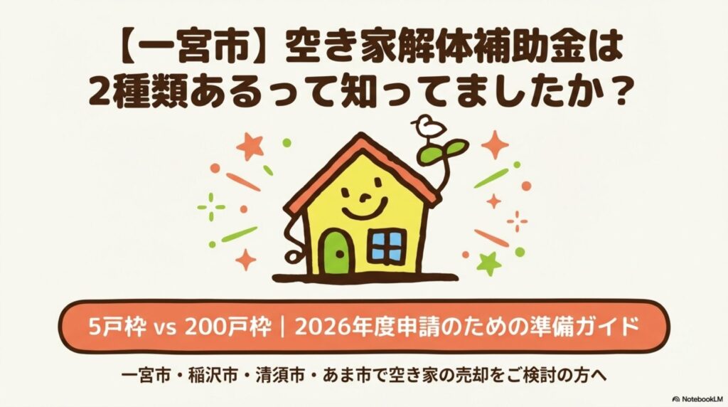 一宮市の空き家解体補助金は2種類あることを知っていますかというタイトル画像。5戸枠 vs 200戸枠の2026年度申請のための準備ガイド。一宮市・稲沢市・清須市・あま市で空き家の売却を検討の方へ向けた情報