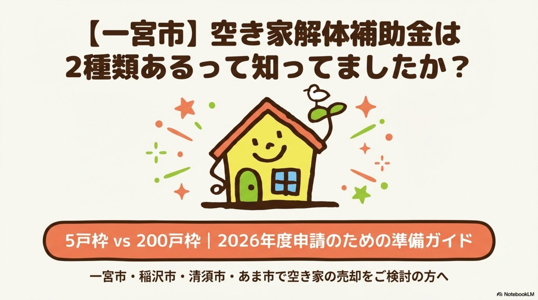 一宮市の空き家解体補助金は2種類あることを知っていますかというタイトル画像。5戸枠 vs 200戸枠の2026年度申請のための準備ガイド。一宮市・稲沢市・清須市・あま市で空き家の売却を検討の方へ向けた情報