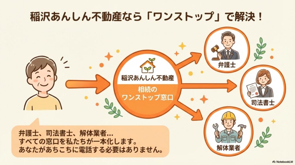 稲沢あんしん不動産なら「ワンストップ」で解決!相続のワンストップ窓口として、弁護士、司法書士、解体業者などすべての窓口を一本化。顧客があちこちに電話する必要はなく、稲沢あんしん不動産が専門家チームを統括して対応