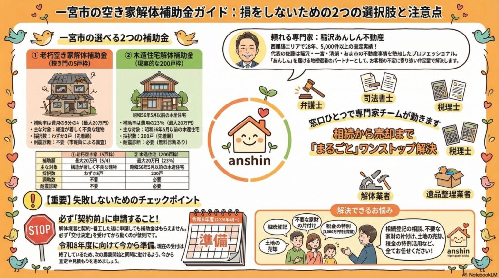 一宮市の空き家解体補助金ガイド。老朽空き家解体補助金(5戸枠)と木造住宅解体補助金(200戸枠)の2種類を比較。稲沢あんしん不動産が専門家チーム(弁護士、司法書士、税理士、解体業者、遺品整理業者)と連携して窓口ひとつでワンストップ解決することを示した図。契約前の申請が絶対条件であることを強調