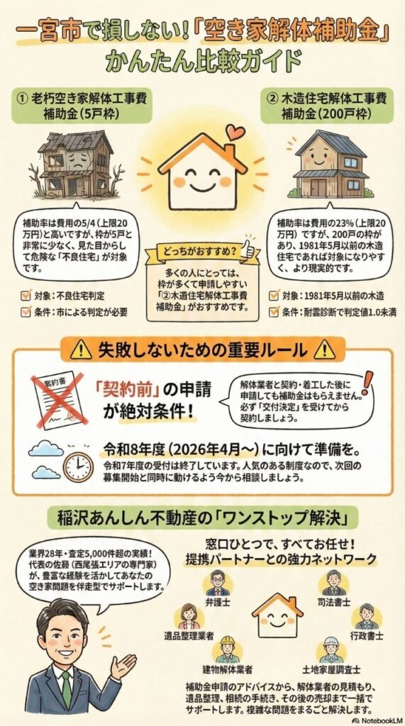 一宮市で損しない空き家解体補助金のかんたん比較ガイド。老朽空き家解体工事費補助金(5戸枠)は補助率5分の4で上限20万円だが対象が不良住宅に限定され枠が少ない。木造住宅解体工事費補助金(200戸枠)は補助率23%で上限20万円だが1981年5月以前の木造住宅で耐震診断が必要。多くの人には200戸枠がおすすめ。稲沢あんしん不動産のワンストップ解決サービスを紹介