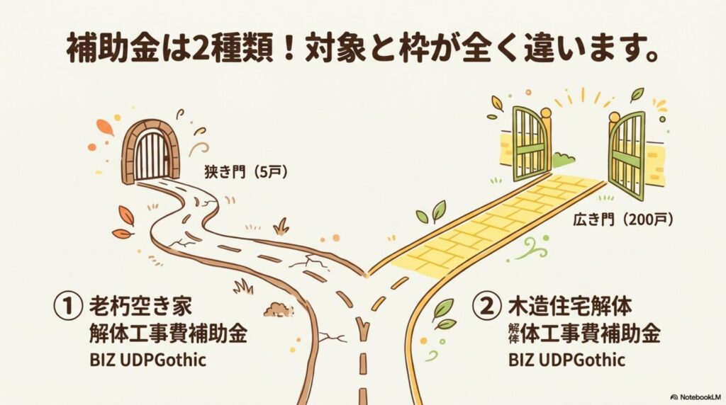 一宮市の空き家解体補助金は2種類で対象と枠が全く違うことを示した図。老朽空き家解体工事費補助金は狭き門(5戸)、木造住宅解体工事費補助金は広き門(200戸)とイラストで表現