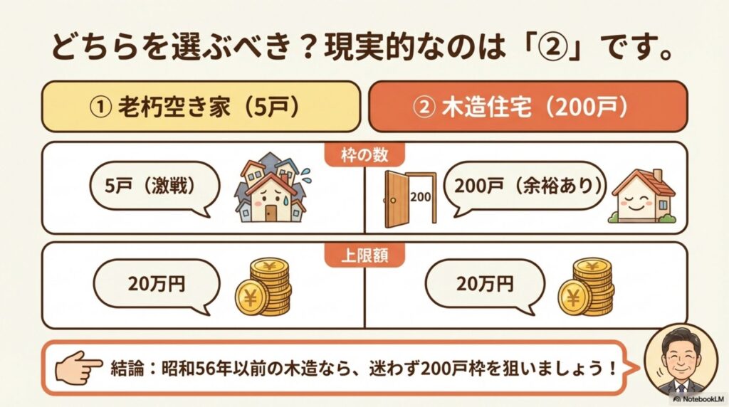 一宮市の空き家解体補助金、どちらを選ぶべきか。老朽空き家(5戸)は5戸で激戦、上限20万円。木造住宅(200戸)は200戸で余裕あり、上限20万円。結論として昭和56年以前の木造なら迷わず200戸枠を狙うべきと専門家がアドバイス
