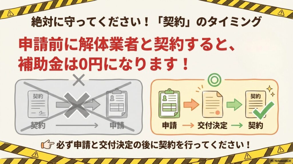 絶対に守ってください!契約のタイミング。申請前に解体業者と契約すると補助金は0円になります。誤った順序(契約→申請)は×、正しい順序(申請→交付決定→契約)は○。必ず申請と交付決定の後に契約を行ってください