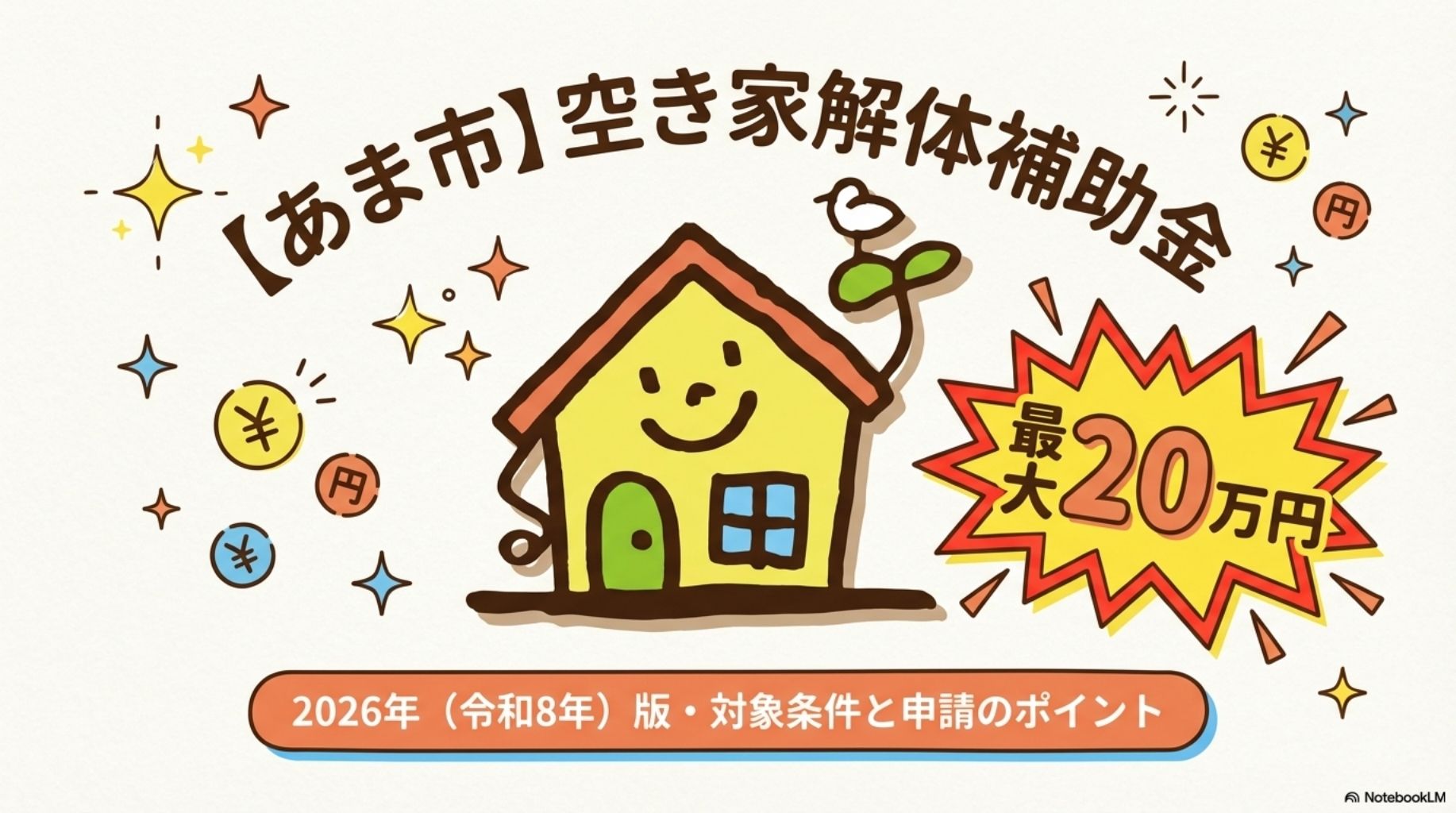 あま市空き家解体補助金のタイトルスライド。最大20万円の補助金が受けられることを示し、2026年(令和8年)版の対象条件と申請のポイントを説明する記事のタイトル画像。