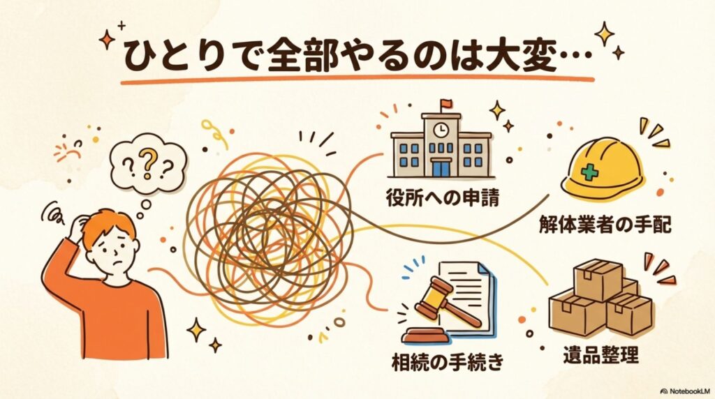 ひとりで全部やるのは大変...という見出しとともに、困惑する人のイラスト。役所への申請、解体業者の手配、相続の手続き、遺品整理など複数のタスクが絡み合った複雑な糸として表現されている。専門家のサポートが必要であることを示唆。