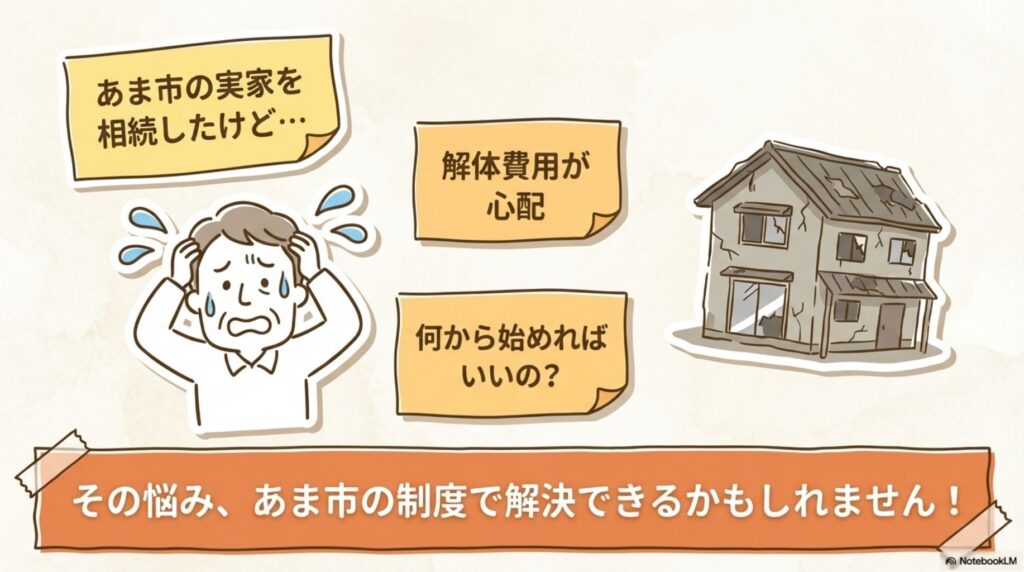 あま市の実家を相続したが、解体費用が心配で何から始めればいいのか分からない人の悩みを表現したイラスト。「その悩み、あま市の制度で解決できるかもしれません!」というメッセージが添えられている。