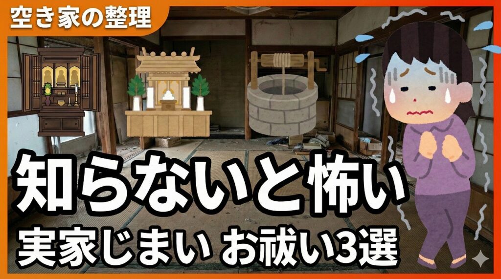 空き家の整理で仏壇・神棚・井戸が残っている状態を示す実写合成画像。「知らないと怖い実家じまいお祓い3選」のタイトルと共に、処分前に必ずお祓いが必要なことを警告。