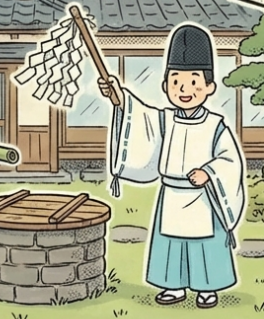 井戸を埋め戻す前の出張お祓いの様子を描いたイラスト。神主さんが井戸の前で儀式を行い、白装束に烏帽子姿で祈祷している場面。