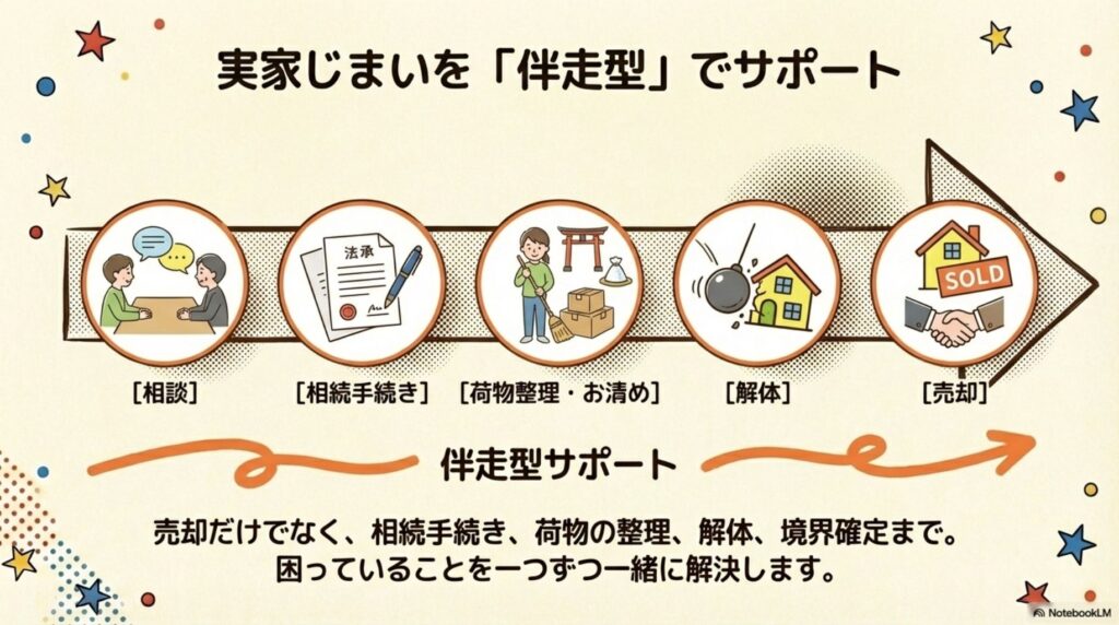 実家じまいを伴走型でサポートする流れを示す図。相談→相続手続き→荷物整理・お清め→解体→売却までの5ステップを円形の矢印で表現。売却だけでなく、相続手続き、荷物の整理、解体、境界確定まで困っていることを一緒に一緒に解決します。