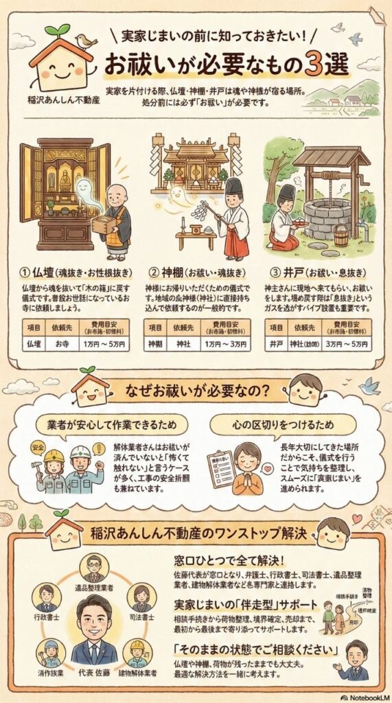 実家じまいでお祓いが必要な3つのもの（仏壇・神棚・井戸）をイラストで示した総合図。実家や空き家を整理する際、この3つだけは特別な手順が必要。