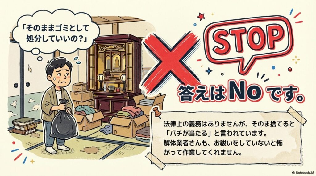 仏壇をそのままゴミとして処分しようとしている人に対して「×STOP 答えはNoです」と警告する図。法律上の義務はありませんが、そのまま捨てると「バチが当たる」と言われており、解体業者さんもお祓いをしていないと怖がって作業してくれません。
