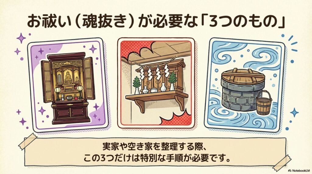 お祓い（魂抜き）が必要な3つのもの（仏壇・神棚・井戸）をイラストで示した図。仏壇は紫色の枠、神棚は赤色の枠、井戸は青色の枠で囲まれ、実家や空き家を整理する際この3つだけは特別な手順が必要と説明。