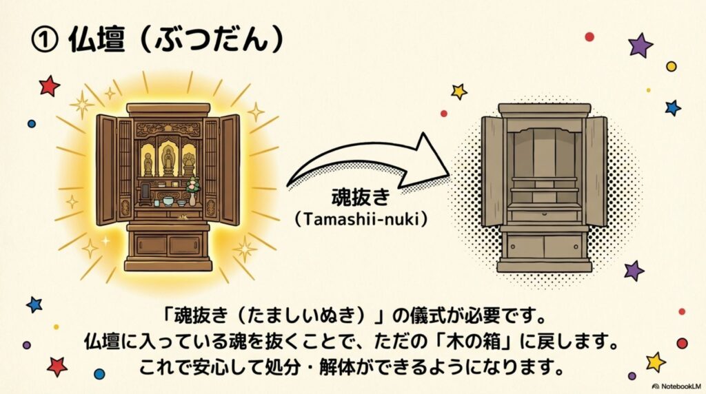 仏壇の魂抜き（たましいぬき）の儀式を説明する図。光り輝く仏壇から魂が抜かれて、ただの木の箱に戻る様子をビフォーアフターで表現。仏壇に入っている魂を抜くことで、ただの「木の箱」に戻します。これで安心して処分・解体ができるようになります。