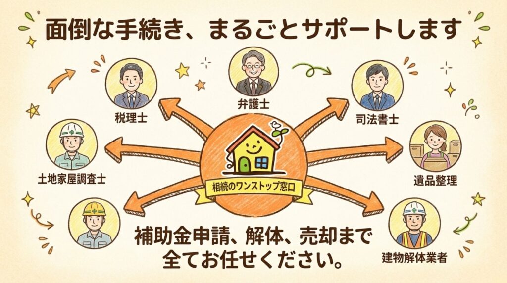 稲沢あんしん不動産のワンストップサポート体制を説明する図。中央に相続のワンストップ窓口を配置し、周囲に税理士、弁護士、司法書士、土地家屋調査士、遺品整理、建物解体業者の専門家ネットワークを矢印で結んでいる。補助金申請、解体、売却まで全てお任せできることを示す。