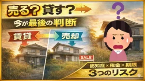 稲沢あんしん不動産のYouTubeサムネイル。空き家になった実家を背景に「売る？貸す？今が最後の判断」「認知症×税金×期限 3つのリスク」と記載された告知画像。