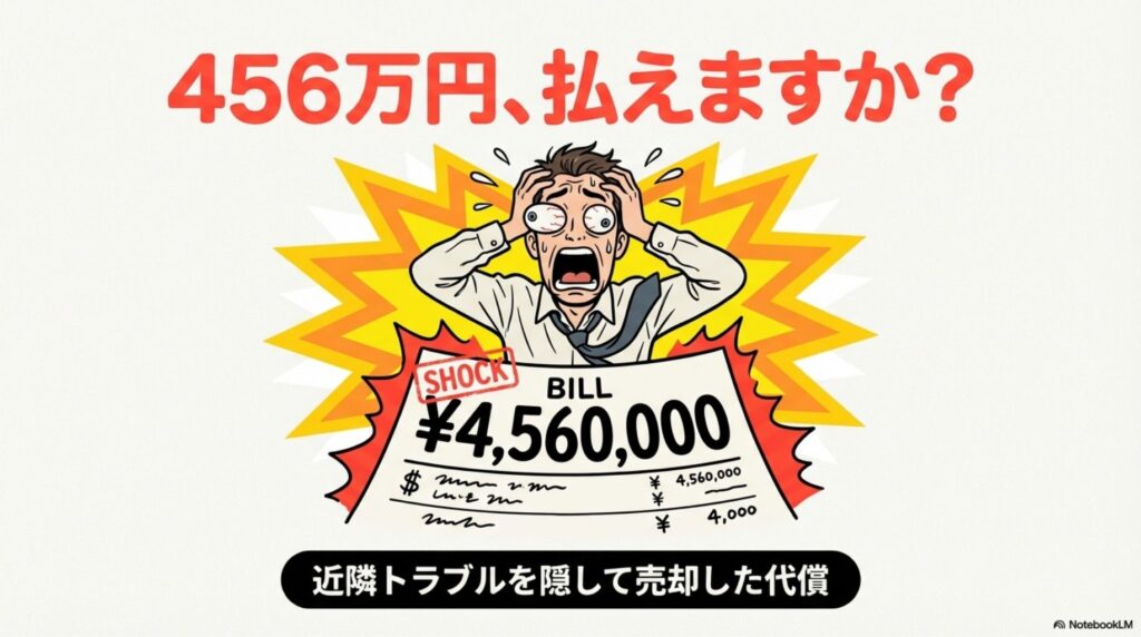 近隣トラブルを隠して売却した売主が、裁判で456万円（¥4,560,000）の損害賠償を命じられた事実を示すイラスト。ショックを受けた男性がBILLを掲げているイメージ。