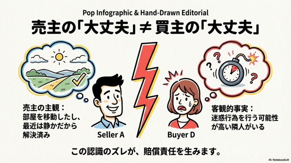 売主と買主の認識のズレを示すインフォグラフィック。売主側は「部屋を移動したし最近は静かなので解決済み」と主観的に判断していた一方、買主側には「迷惑行為を行う可能性が高い隣人がいる」という客観的事実があった。この認識のズレが賠償責任を生んだと説明している。
