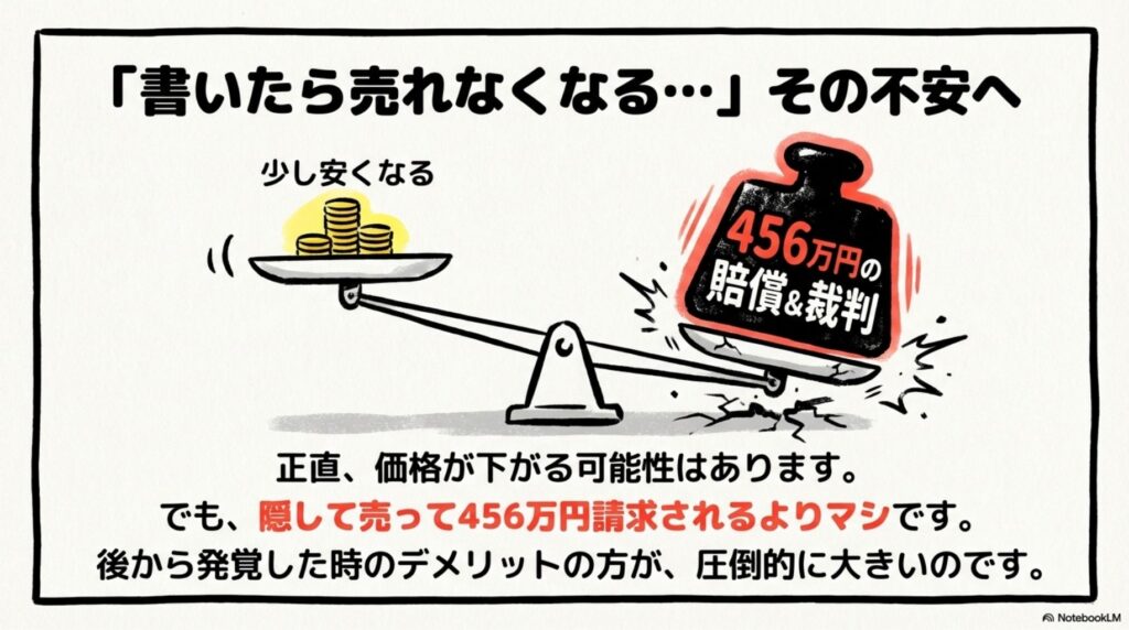 「書いたら売れなくなる」という売主の不安と、「隠して売って456万円請求される」というリスクを天秤で比較するイラスト。価格が少し下がるかもしれないが、後から発覚した時のデメリットの方が圧倒的に大きいと示されている。