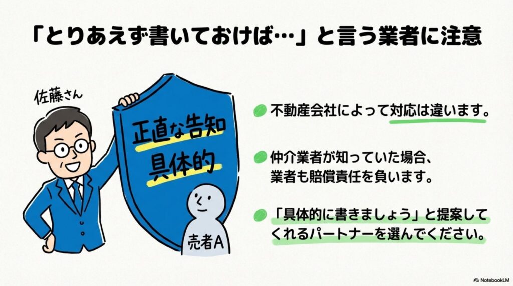 不動産業者の対応の違いを示すイラスト。「とりあえず書いておけば」と言う業者は危険で、「具体的に書きましょう」と提案してくれるパートナーを選んでください、と佐藤さんが盾を掲げて売者を守っているイメージで説明されている。仲介業者が知っていた場合は業者も賠償責任を負うと明示されている。
