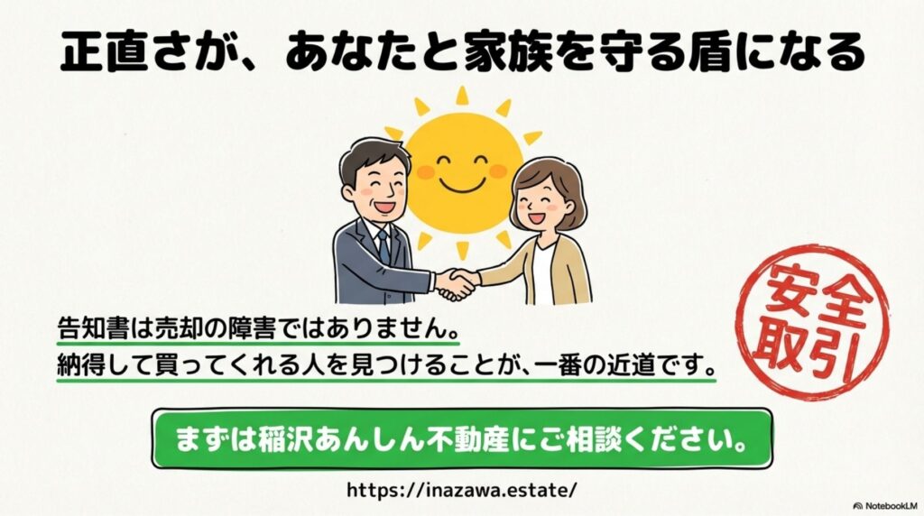 正直に告知することが売主を守る盾になるとメッセージを伝えるイラスト。「告知書は売却の障害ではありません。納得して買ってくれる人を見つけることが一番の近道です」と掲載されており、最後に「稲沢あんしん不動産」へのお申し込み案内と公式サイトURLが表示されている。