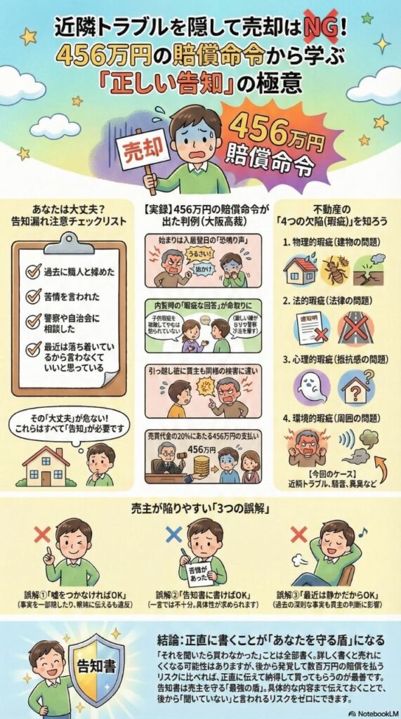 近隣トラブルを隠して売却した結果に456万円の賠償命令が出た実話を縦形インフォグラフィックでまとめた画像。告知漏れ注意チェックリスト、大阪高裁の判例の経緯、不動産の4つの瑕疵（物理的・法的・心理的・環境的）、売主がはまりやすい3つの誤解（「嘘をつかなければOK」「告知書に書けばOK」「最近は静かだからOK」）を掲載。結論として「それを聞いたら買わなかった」ことを全部書く正直な告知が売主を守る盾になるとまとめている。