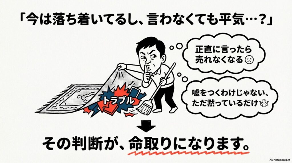 「今は落ち着いてるから言わなくても平気」と思っている売主のイラスト。ラグの下にトラブルを隠しているイメージで、「正直に言ったら売れなくなる」「嘘をつくわけじゃない、ただ黙っているだけ」という思考が泡で表現されている。その判断が命取りになると警告している。