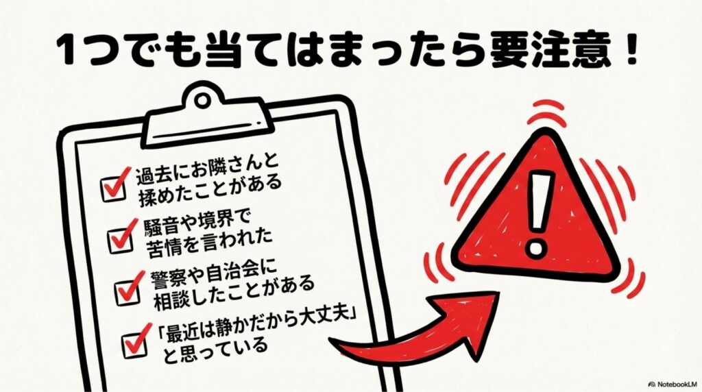 売却前の近隣トラブル確認チェックリスト。「過去にお隣さんと揉めたことがある」「騒音や境界で苦情を言われた」「警察や自治会に相談したことがある」「最近は静かだから大丈夫と思っている」の4項目が掲載されており、1つでも該当すれば要注意と警告している。