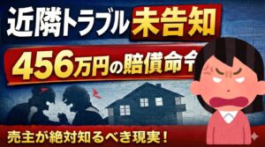 近隣トラブルを売却時に告知しなかった売主が、裁判で456万円の損害賠償を命じられた実話を紹介するブログ記事のサムネイル画像。怒った女性のイラストと住宅のシルエットが掲載されている。