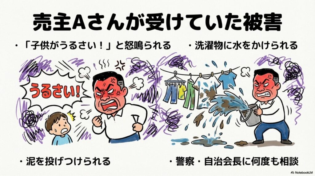 売主Aさんが隣人から受けていた被害のイラスト。「子供がうるさい！」と怒鳴られる、洗濯物に水をかけられる、泥を投げつけられる、警察や自治会長に何度も相談していたことを絵で表現している。