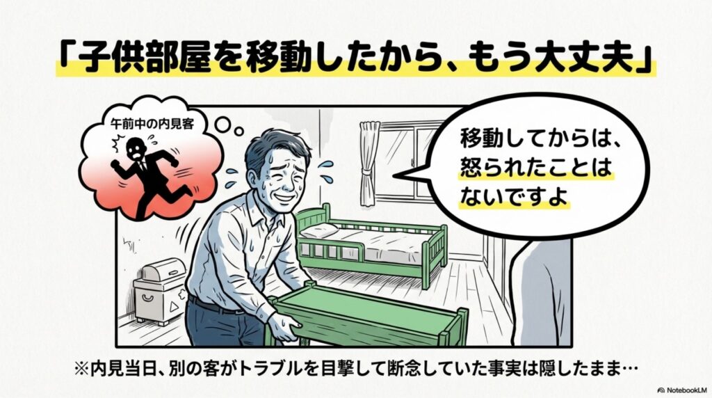 売主が「子供部屋を移動したから、もう大丈夫」と買主に説明しているイラスト。一方で、午前中の内見で別の客がトラブルを目撃して購入を断念していた事実が隠されていたことを示す注釈付き。