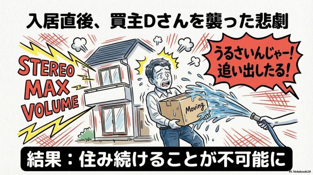 入居直後に買主Dさんが隣人から受けた被害のイラスト。ステレオを最大音量にされる、室内への放水、「追い出したる」と怒鳴られる事態が描かれており、結果として住み続けることが不可能になったことを示している。