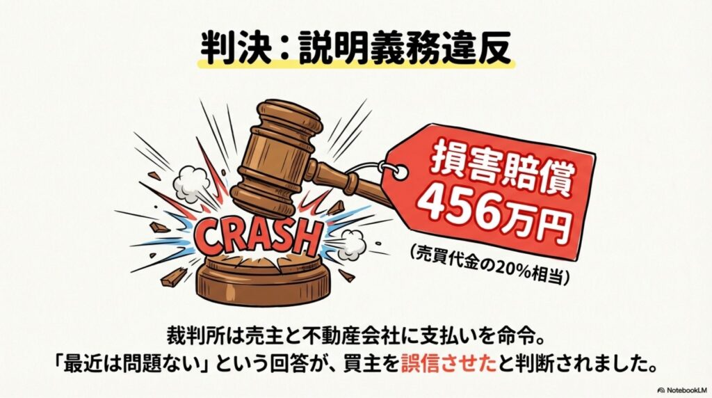 裁判所が売主と不動産仲介業者に対し、売買代金の20%相当の損害賠償456万円を命じた判決を示すイラスト。ハンマーが落ちる「CRASH」のイメージと、「最近は問題ない」という回答が買主を誤信させたという判断の内容が掲載されている。