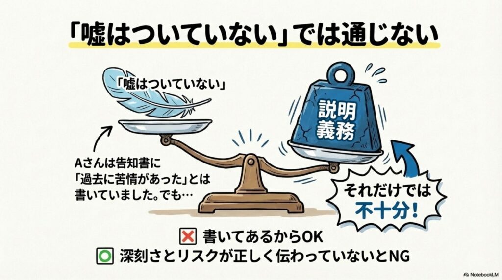 「嘘はついていない」という主張と「説明義務」の重さを天秤で比較するイラスト。売主Aさんは告知書に「過去に苦情があった」と書いていたが、それだけでは不十分で、深刻さとリスクが正しく伝わっていなければNG と示されている。